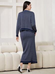 Modelyn 女士全印花毛衣連衣裙和開衫套裝 - 藍白色 - 查看 3