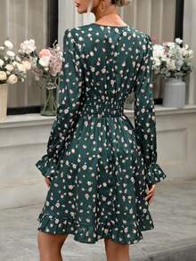 SHEIN LUNE 女款花卉印花分層荷葉邊袖蕾絲拼接連衣裙 - 墨綠色 - 查看 2