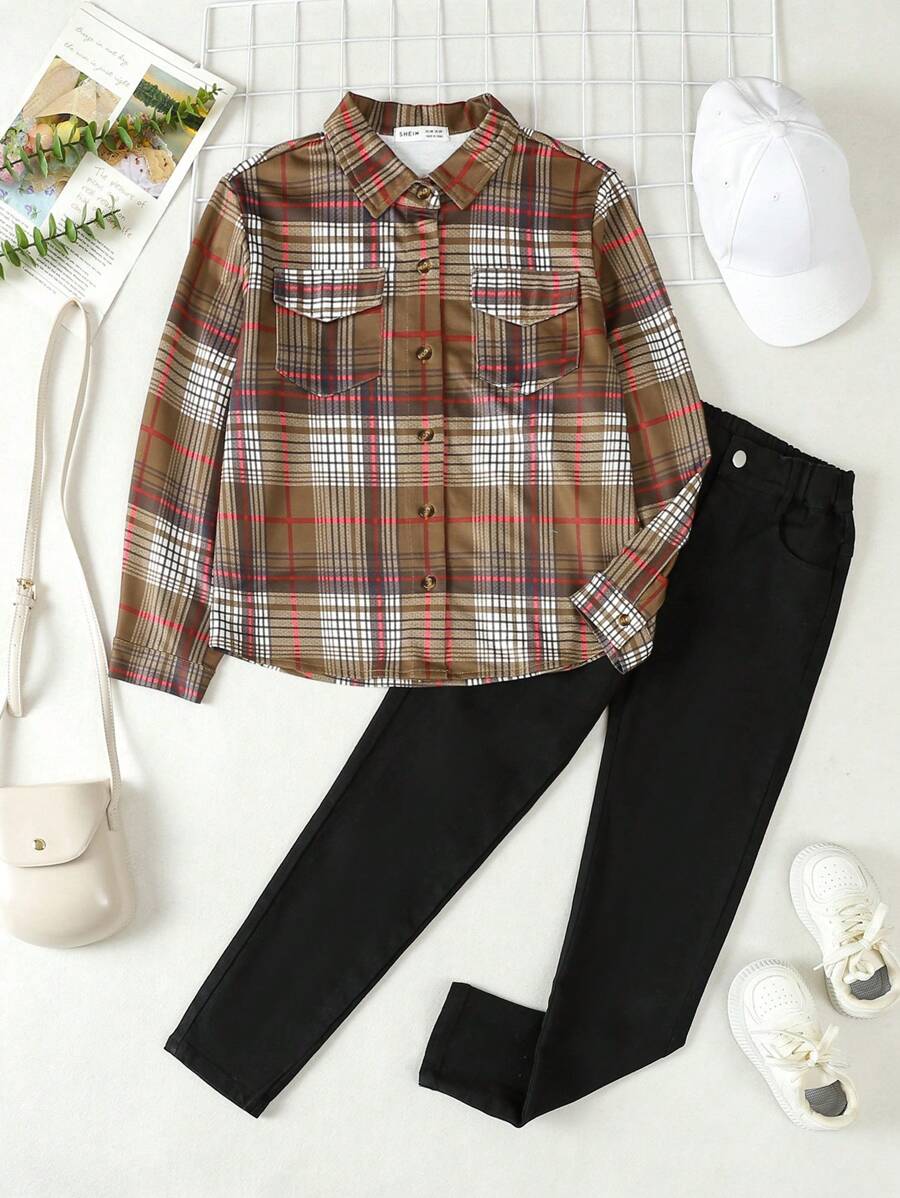SHEIN Tween Girls' Plaid Flip Pocket Shirt And Comfortable Casual Pants Two Piece Outfit - Multicolor - View 1