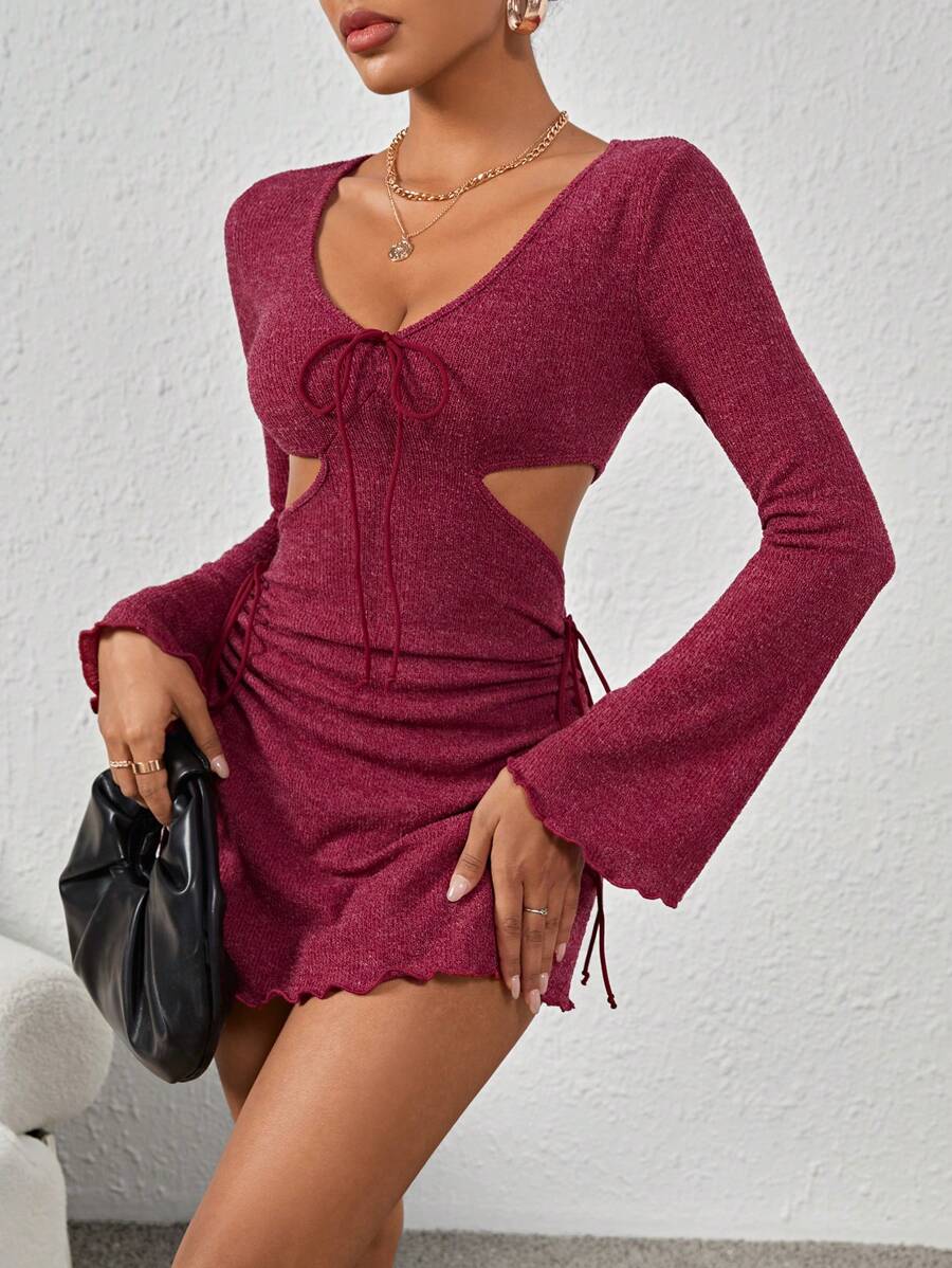 SHEIN PETITE 女款鏤空腰部百褶洋裝 - 酒紅色 - 查看 1