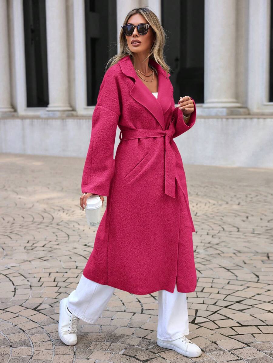 EURMUSE Women'S Solid Color Drop Shoulder Woolen Coat With Waist Tie - Watermelon Pink - View 1