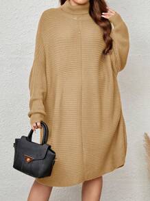 EMERY ROSE Plus Size Long Sleeve High Neck Sweater Dress - Khaki - View 1