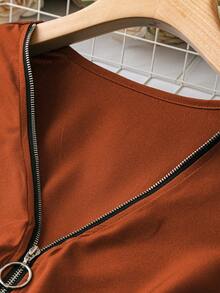 SHEIN LUNE Plus Size Half-Zipper V-Neck Long Sleeve Blouse - Rust Brown - View 5