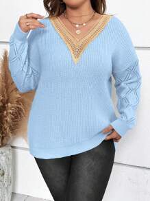 Flirla Women's Plus Size Contrast Lace Pullover Sweater Knit Pullover Fall Winter - Baby Blue - View 1