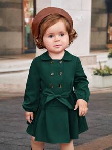 SHEIN Baby Girls' Vintage Elegant Lapel Double Breasted Belted Long Sleeve Loose Hem Dress
