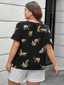 SHEIN LUNE Plus Size Women'S Blouse With Leopard Pattern, Tie Neck And Ruffled Sleeves