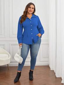 Maweii 大碼純色長袖襯衫 - 藍色 - 查看 4