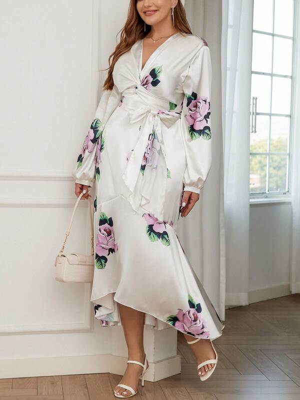 SHEIN Privé Vestido Skater Blanco Trenzado Y Atado Con Estampado Floral Romántico, Elegante Y De Talla Grande Para Primavera/verano