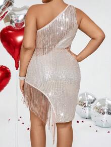 SHEIN BAE 大尺碼單肩方頸鏈珠連條紋裝飾晚禮服 - 杏色 - 查看 2