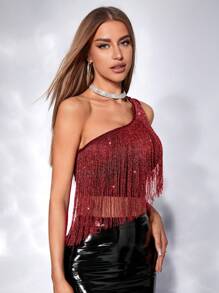 SHEIN Allurite One Shoulder Fringe Trim Crop Glitter Top - Red - View 4