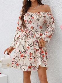 SHEIN LUNE Của phụ nữ Off-shoulder Hoa In Váy có thắt lưng - Nhiều màu - Xem 6