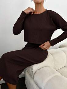 EURMUSE Ladies' Ribbed Long Sleeve Top And Skirt Set - Brown - View 5