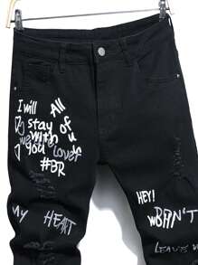 Manfinity LEGND Men's Jeans With Letter Print Design Slim Fit Long Ripped Frayed Jean Cargo Plain Black Going Out Fashion Rapper - Black - View 4