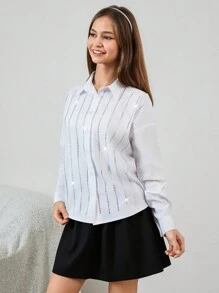 RueChic Teen Girls' Long Sleeve Shirt With Rhinestone Details - White - View 4