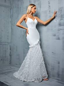 V-Neck Spaghetti Strap Mermaid Style Embroidery Patchwork Dress With 3d Flower Decor - White - View 1
