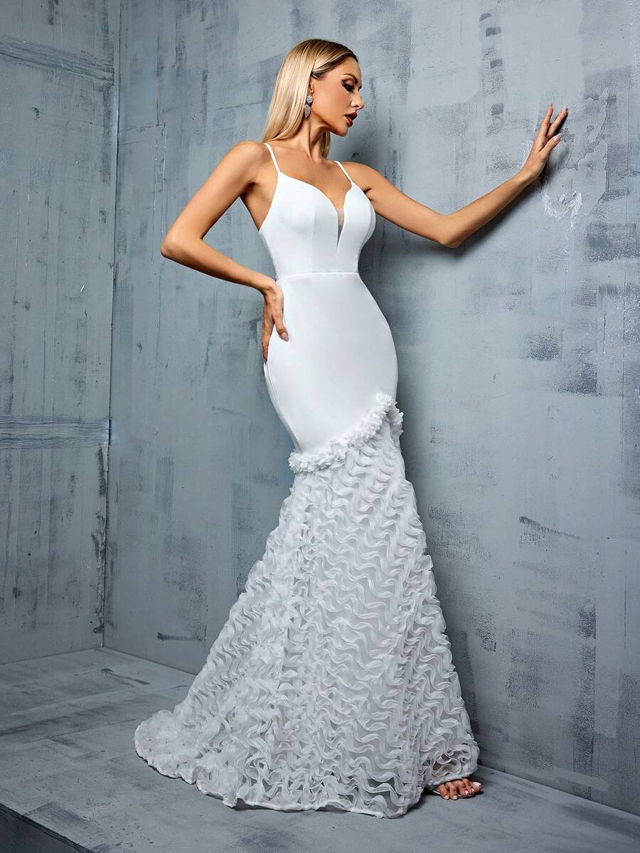 V-Neck Spaghetti Strap Mermaid Style Embroidery Patchwork Dress With 3d Flower Decor - White - View 1