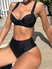 Swim Vcay 珍珠装饰分体比基尼套装夏日海滩 - 黑色 - 查看 2