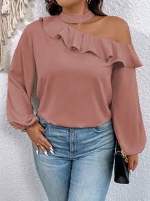 Celure Plus Size One Shoulder Long Sleeve Ruffle Trim Blouse - Pink - View 6