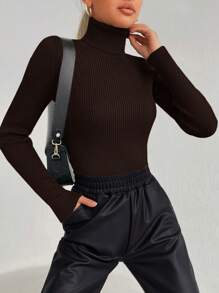 RueChic Turtleneck Ribbed Knit Sweater - Brown - View 1