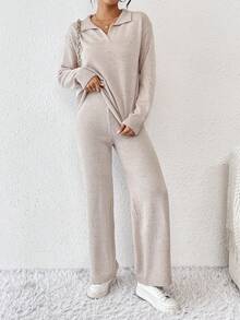 Mulvari Phối màu Áo len dệt kim Bộ Với Thả vai Thiết kế Đối với Giải trí Mặc - Màu be - Xem 4