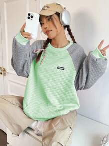 Flirla Textured Grid Raglan Sleeves Sweatshirt Pullover Fall Sweatshirt - Mint Green - View 1