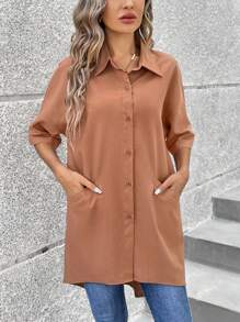 SHEIN LUNE 女裝純色垂墜肩襯衫 - 卡其色 - 查看 3