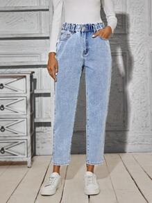 彈性腰部錐形牛仔褲 - 藍色 - 查看 1