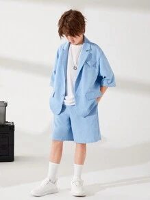 SHEIN Cậu bé Tween Giải trí Hàn Quốc Phong cách Lỏng lẻo phù hợp Ngắn tay Áo vest Áo khoác Với Vòng cổ Và màu trơn Dệt Quần short Hai chiếc Bộ - Màu xanh lam - Xem 5
