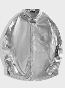 GENTILAND 男士纯色金属质感单排扣宽松休闲长袖衬衫 - 銀色 - 查看 1