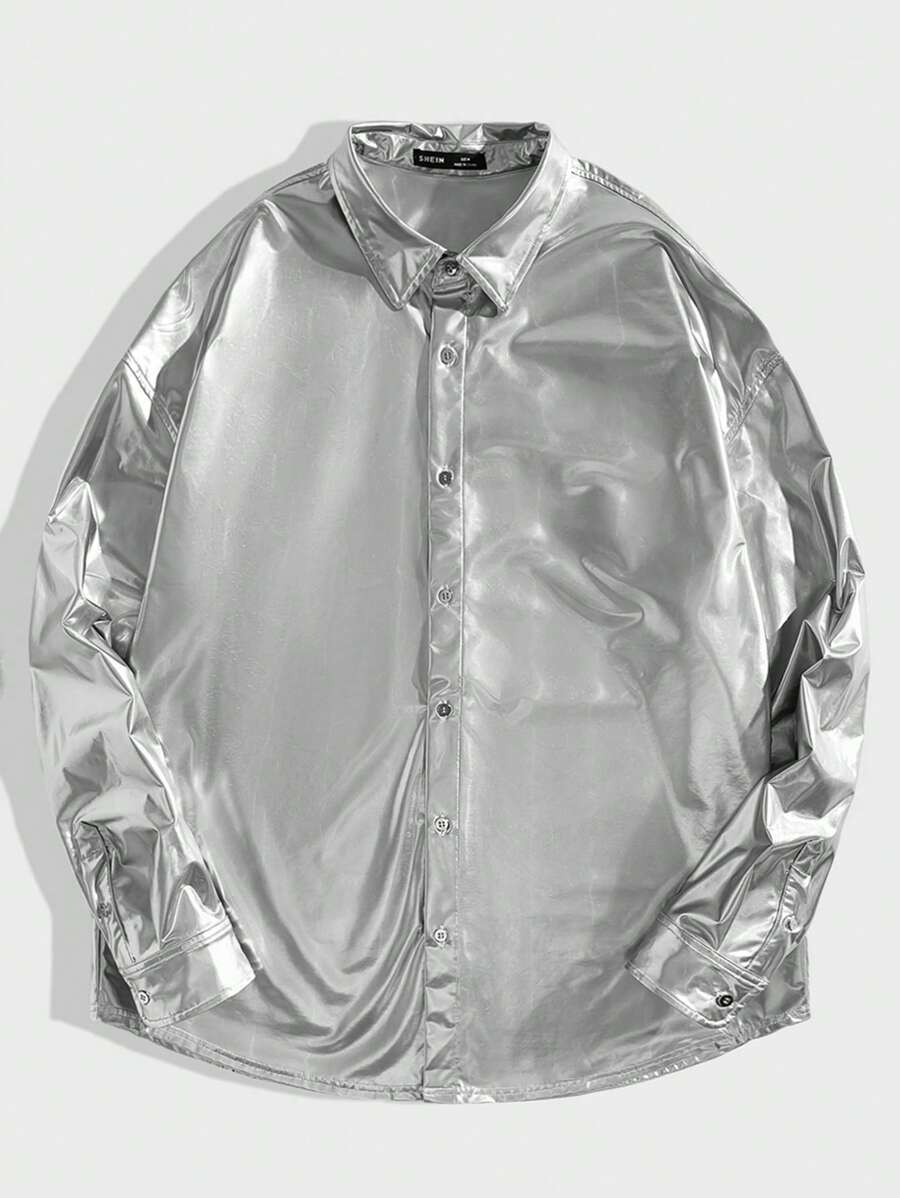 GENTILAND 男士纯色金属质感单排扣宽松休闲长袖衬衫 - 銀色 - 查看 1