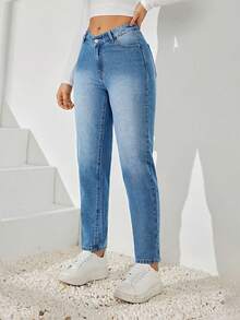 SHEIN Privé Jeans Con Cintura Alta Y Corte En V Con Pierna Cónica - Lavado ligero - Ver 3