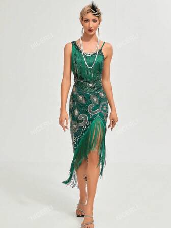 Sequin 1920s Vintage Fringed Cocktail Flapper Dress, Asymmetrical Hem Party Dress For Women, Elegant Prom Semi Formal Wedding Guest Dress, For Birthday, Graduation, Dinner, Homecoming