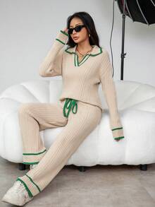 SHEIN Essnce 女式兩件式彩塊毛衣套裝,邊緣飾邊 - 杏色 - 查看 7