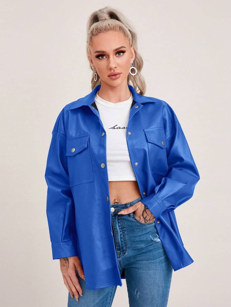 SHEIN EZwear Pu皮夾克,翻蓋口袋設計和垂墜式肩袖 - 寶藍色 - 查看 1