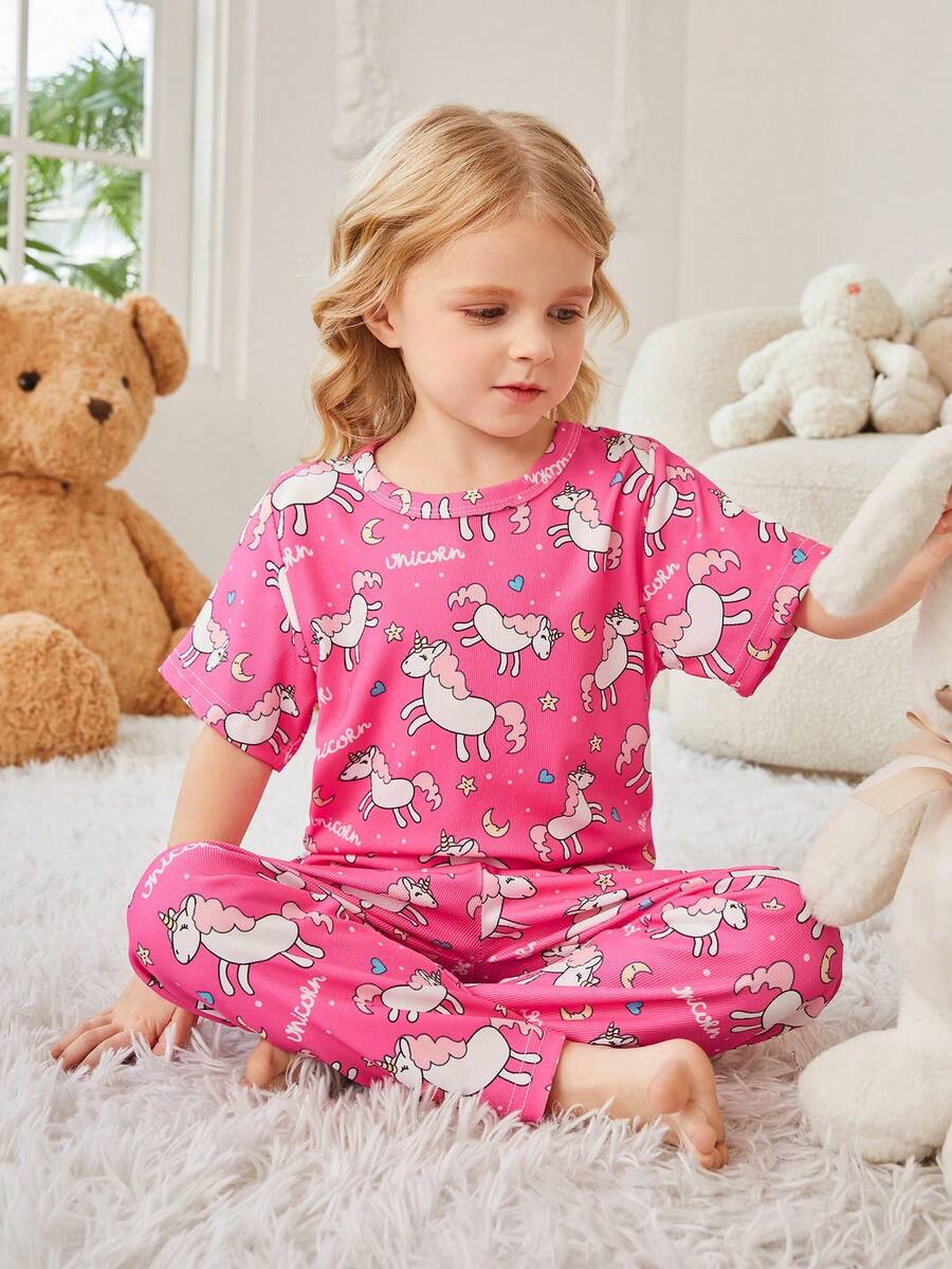 Conjunto De Pijama De Homewear Para Niñas Con Estampado De Unicornio - Rosa Fucsia - Ver 1