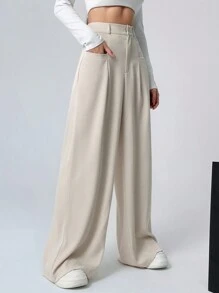 SHEIN EZwear Women's Solid Color Pleated Wide Leg Pants
