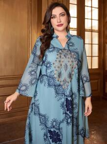 Al Najma Women'S Plus Size Lace Patchwork Notched Neckline High-Low Hem Dress