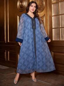 Al Najma Plus Size Contrast Tape Bell Sleeve Dress Kaftan Jalabiya Dress - Dusty Blue - View 5