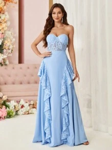 SHEIN Belle , Bustier-Phong Cách , Gợi cảm Nhìn xuyên qua , Arc Khe Đầm dạ hội - Màu xanh lam - Xem 7