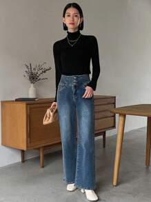 FRIFUL Màu thuần Áo cao cổ Thon gọn Tay áo dài Áo len - màu đen - Xem 1