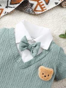 嬰兒男寶寶短袖二合一連身衣,熊貓補丁與蝴蝶結裝飾,夏季 - 綠色 - 查看 3