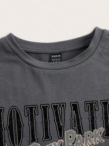 SHEIN EZwear Casual Eagle Wing & Letter Print Round Neck Short Sleeve Fitted T-Shirt For Women, Suitable For Summer Back To School - Dark Grey - View 5