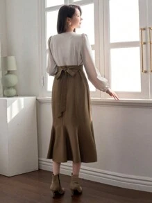 DAZY Color Block & Lantern Sleeve Elegant Dress,Fall Clothes - Brown - View 2