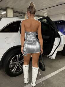 SHEIN ICON Body Brillante Con Pu De Metal Sin Tirantes Y Cinturón De Cintura - Plateado - Ver 3