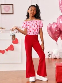 Cô gái vui tươi Và Mát mẻ Dệt Off-shoulder Ngắn tay Áo Và Quần loe Đối với Mặc hàng ngày - Nhiều màu - Xem 1