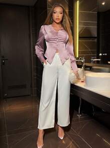 Zolique Long Sleeve Satin Blouse - Pink - View 6