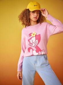 ANIMANIACS X SHEIN 卡通圖案下垂肩長袖毛衣 - 粉色 - 查看 5