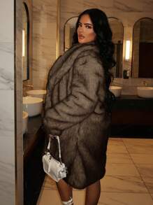 SHEIN SXY Open Front Fuzzy Coat - Brown - View 2