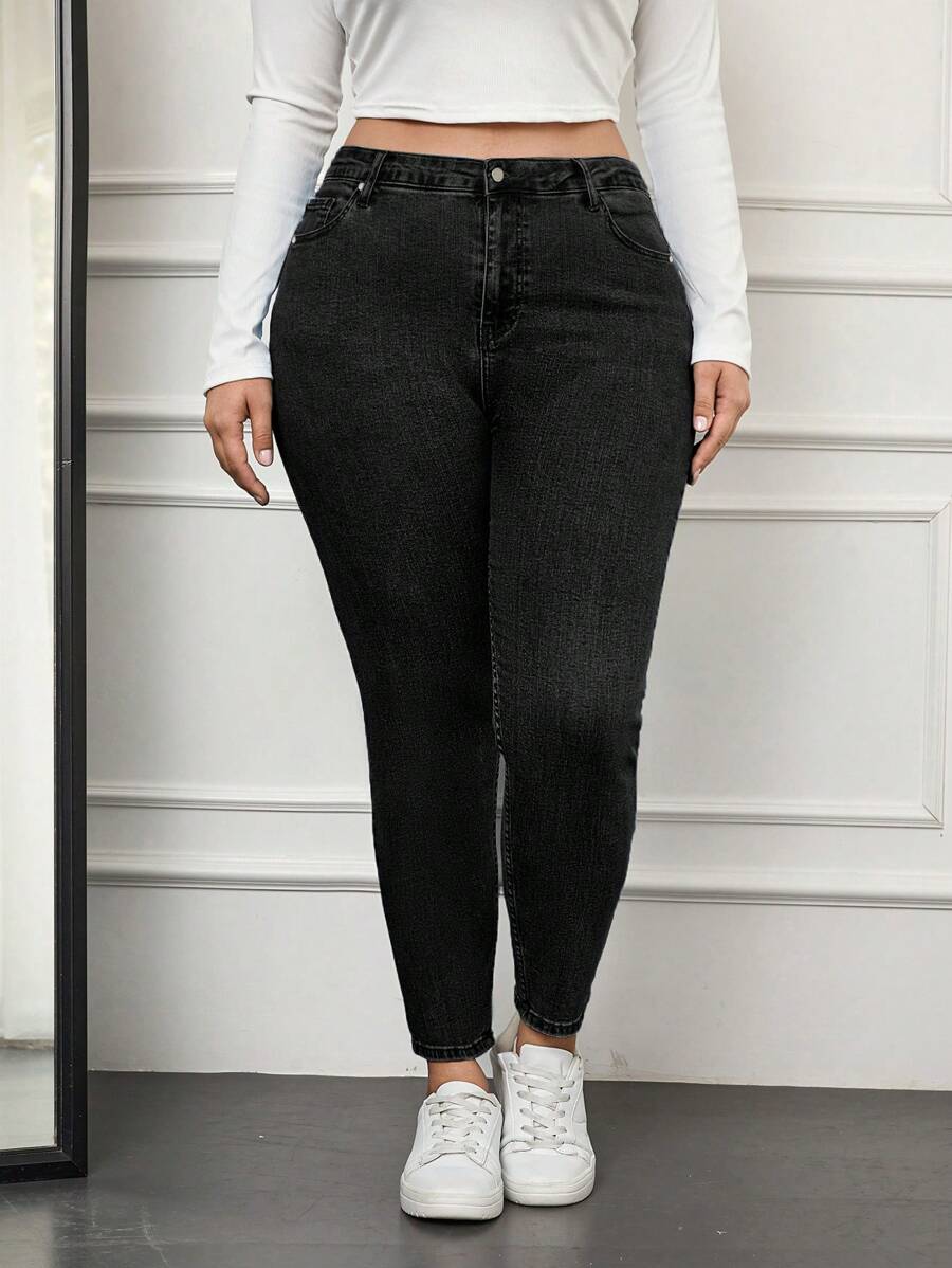 RueChic Plus Size  High Waist Skinny Jeans - Black - View 1