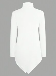SHEIN LUNE Plus Size Women'S Stand Collar Long Sleeve Asymmetrical Hem T-Shirt - White - View 2